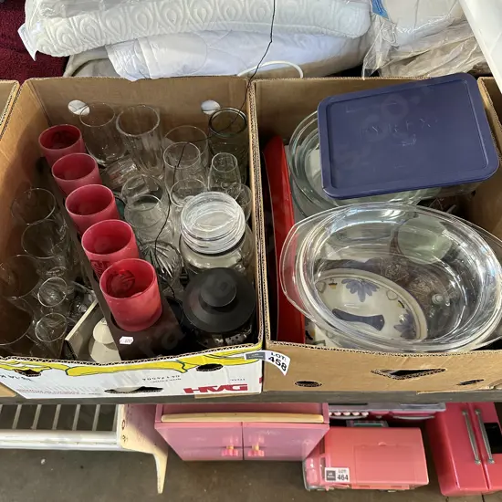 2 boxes glassware, japanesse ware, pyrex etc