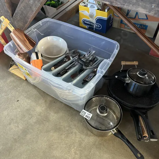 Plates, cuttlery, pots, lamp etc