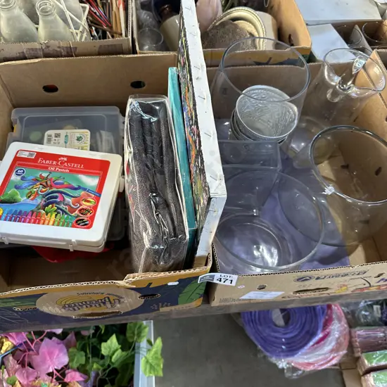 2 boxes glass vases, art items , curtain etc