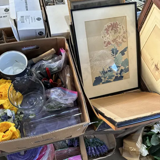 2 boxes, pictures, vases etc