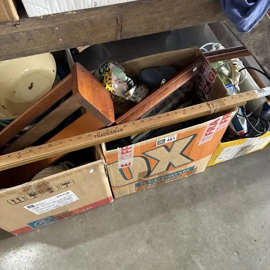 3 boxes mirrors, buckets, irons etc