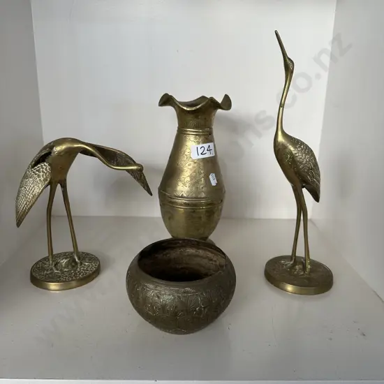 Heavy Brass vase plus dish and bird figures