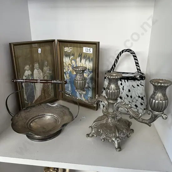 Art glass, candelabra, dish and Diptych