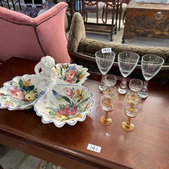 Floral dish A/F plus signed wine glasses and set of 6 Sherry glasses