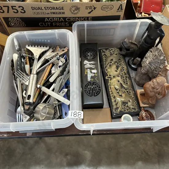 2 trays of utensils and oriental items
