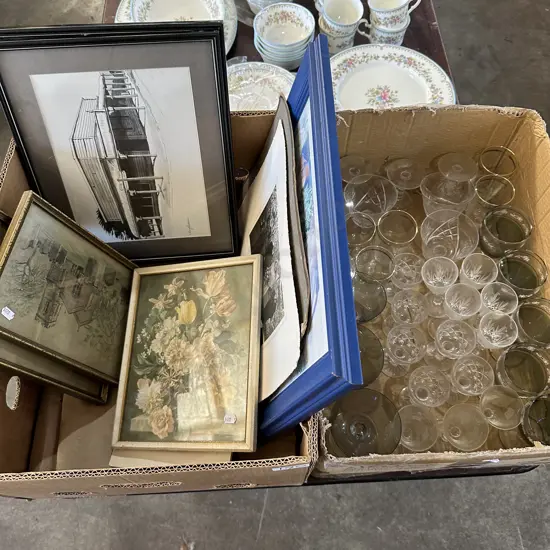 2 box crystal glasses, prints and photos