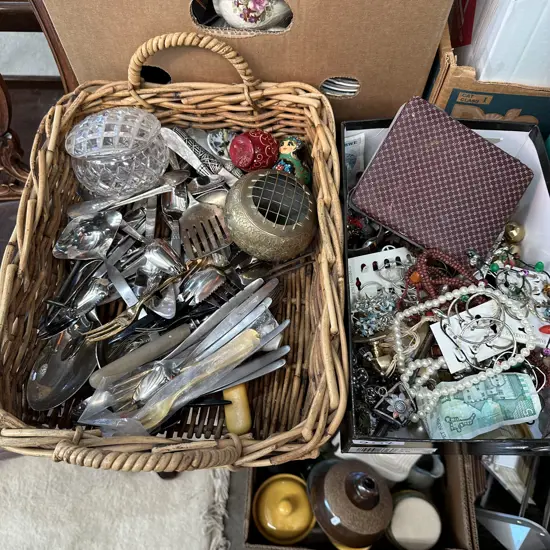 Cane tray and box of costume jewelry and utensils