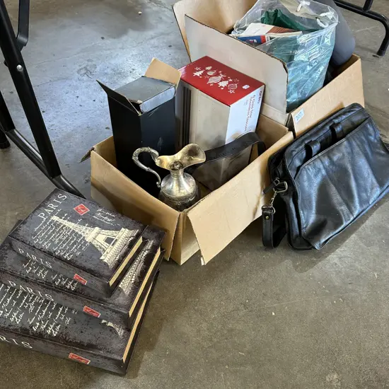 Airbed, trinket boxes, glassware CK belt etc