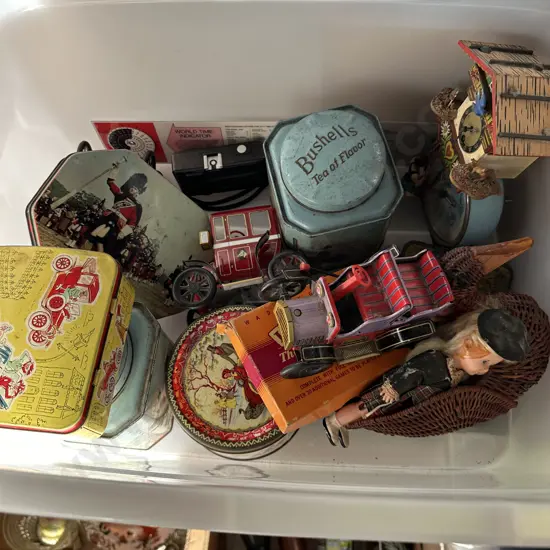 2 boxes tins toys clocks