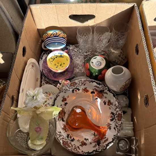 box glasses vases cups plates etc