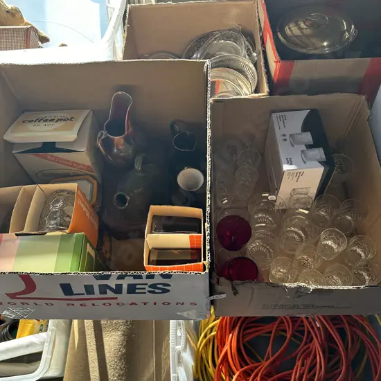 2 boxes glasses pottery coffee pot