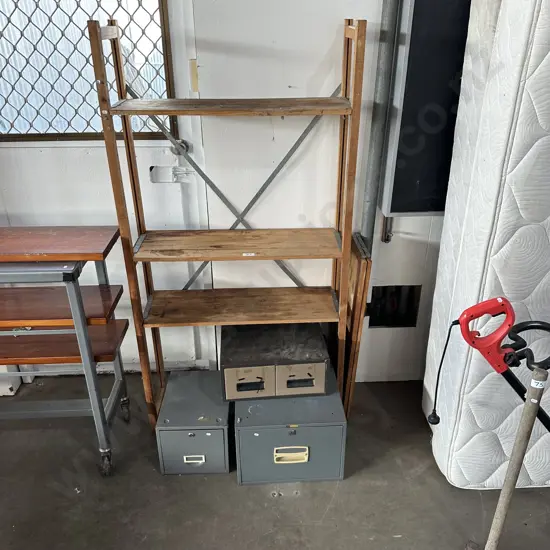 Wooden shelving and metal files