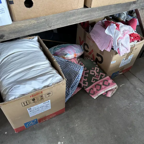 2 box towels, bedding etc