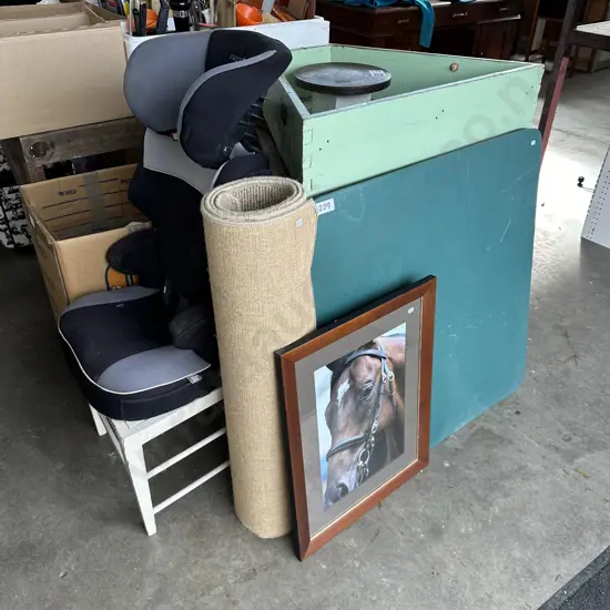 Folding table, rug, booster, chair