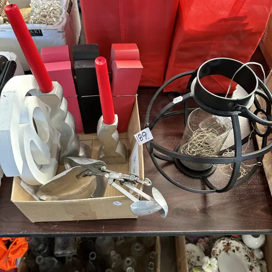 Hurricane lamp, candles, pegs etc