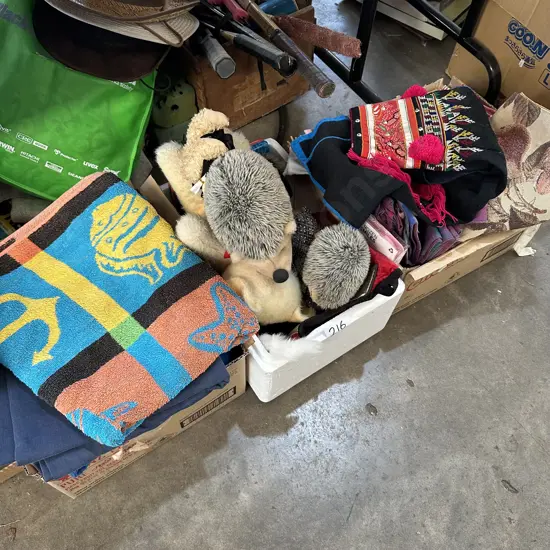 3 boxes linen toys etc
