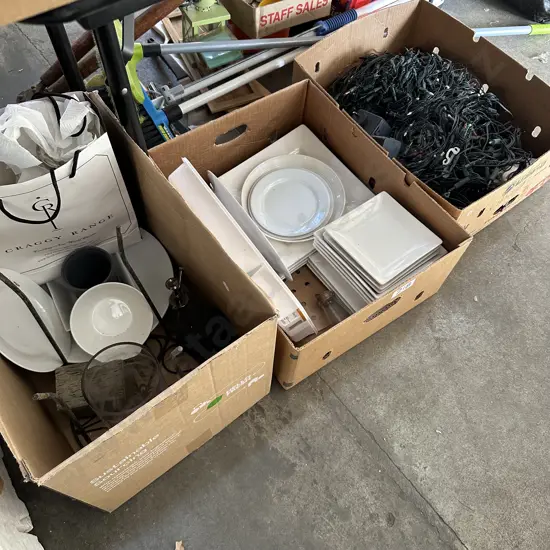 3 box, lights, dinnerware etc