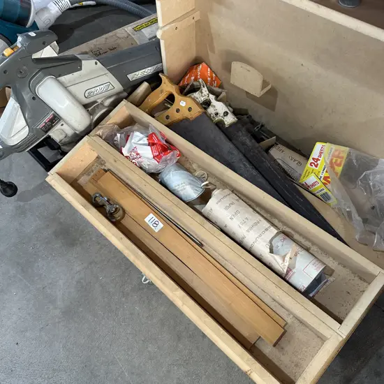 Carpenters box, contents plus blower vac