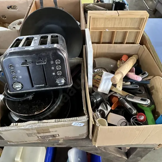2 box lots utensils, cast wok etc