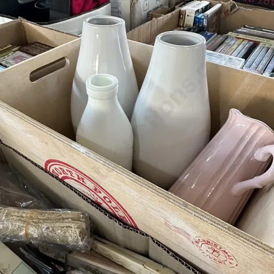 Wooden bin of vases etc