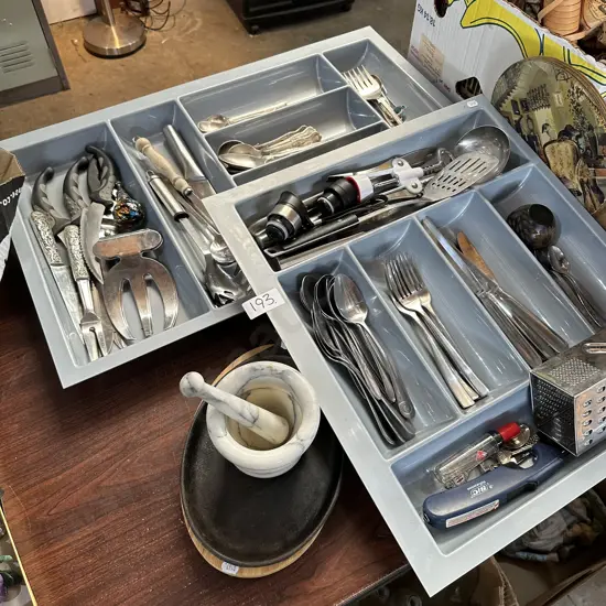 2 trays of cutlery, cast dish, pestle etc
