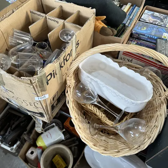 Baskets and glassware etc