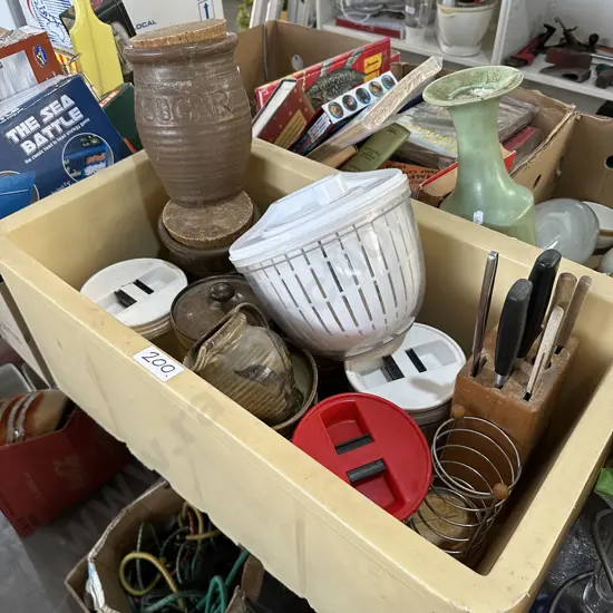 Bin of pottery etc