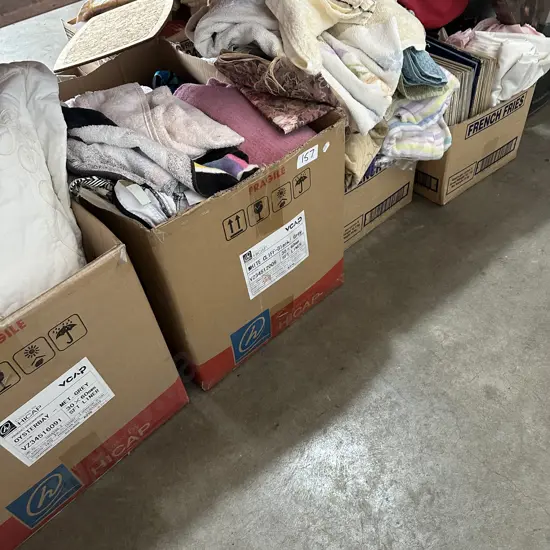 4 box towels, linin, LPs, books