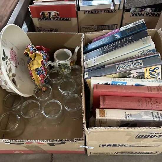 2 box Agee jars and books