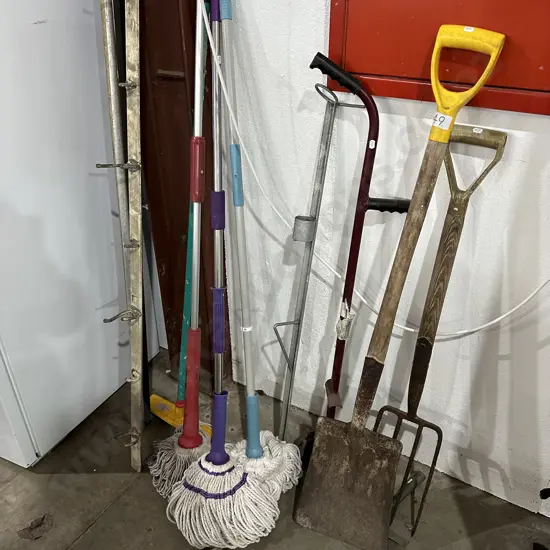 Garden tools, mops, coat rack etc