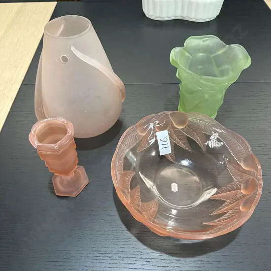 3 frosted glass items and bowl