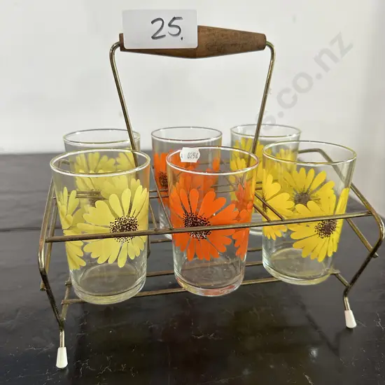 Set of Retro water glasses and holder