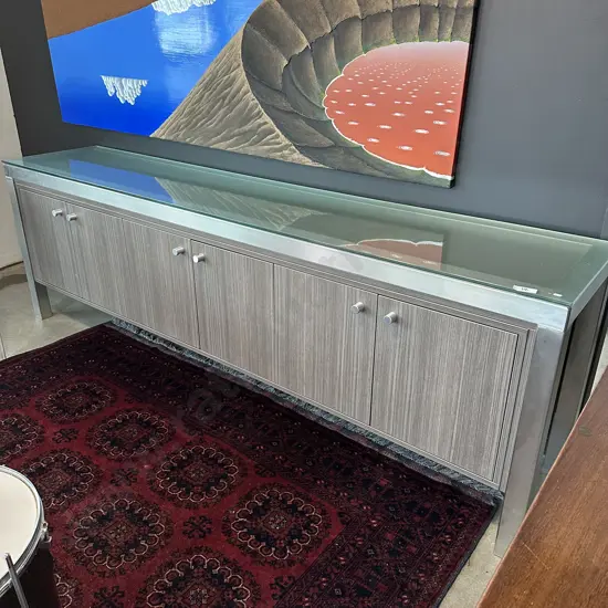 Custom design & built by engineer firm. Solid stainless frame, frosted glass top 2.4m length