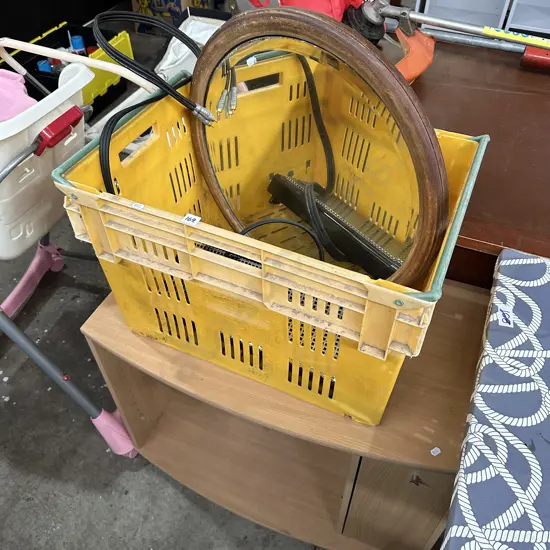 Crate, mirror, warmer, TV stand