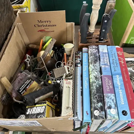 Recipe books, knives and box