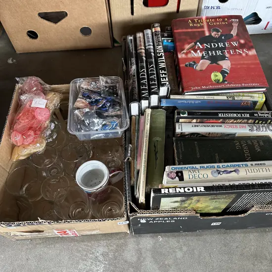 2 boxes books , glasses, buttons