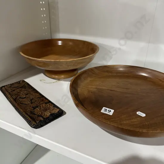 2 wooden footed bowls plus leather work