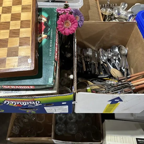 2 box cuttlery, games etc