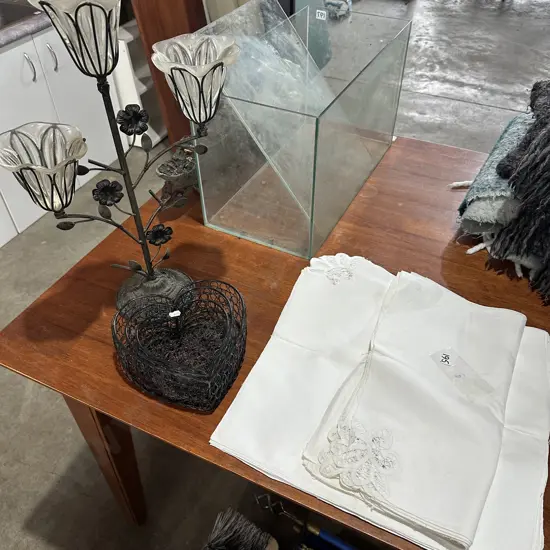 Linen plus metal baskets and candle