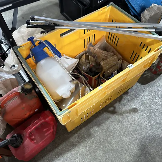 Bin and contents , petrol cans etc