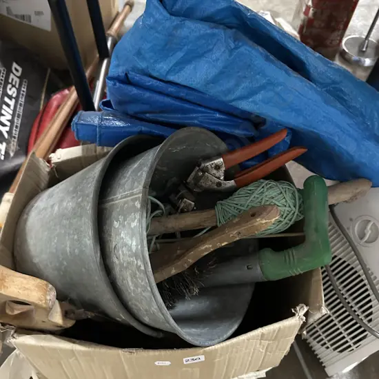 2 flower buckets, tools etc