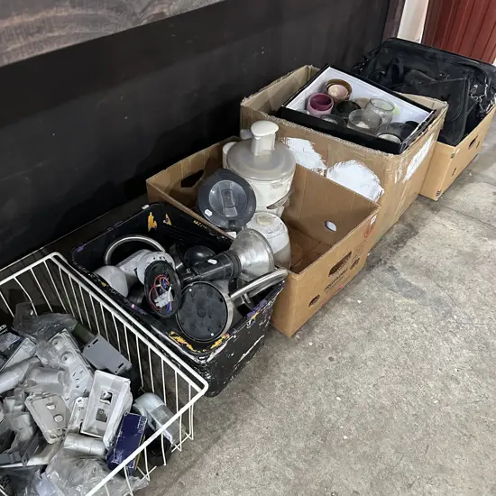 Large lot of electricals, lights, bags, tins, etc