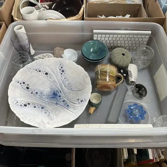 bin with pottery platter etc