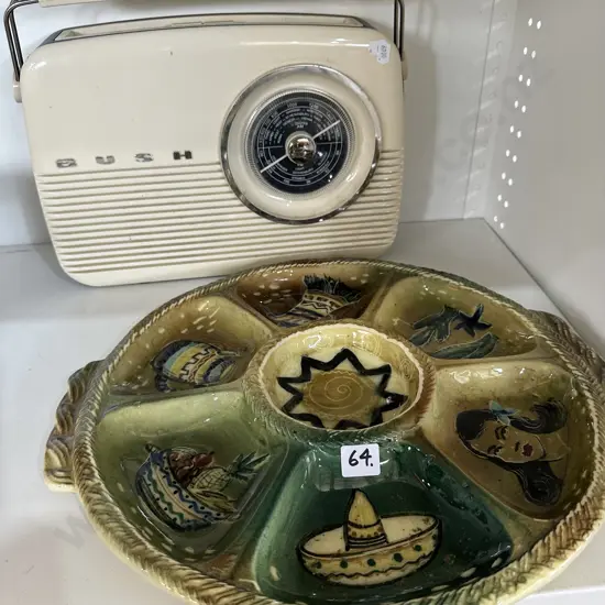 Mexican pottery dish plus radio as is