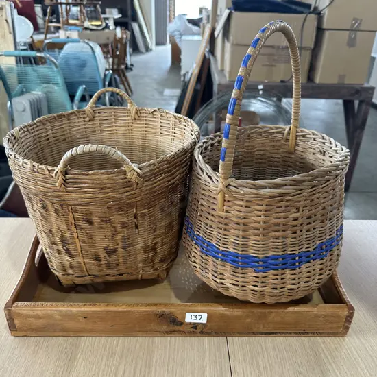 Vintage basket plus Rimu tray and wicker basket