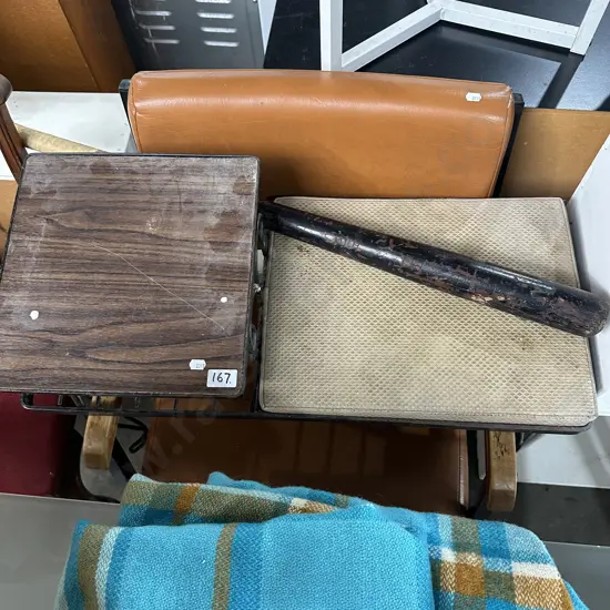 Vintage wooden baseball bat, old chair and telephone table