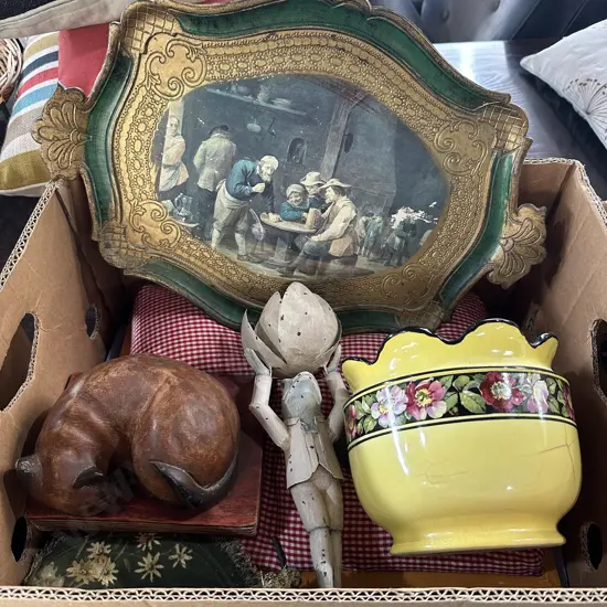 Wooden cat, planter, tray etc