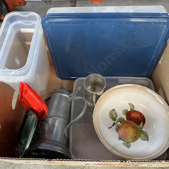 Tupperware and pewter jug etc