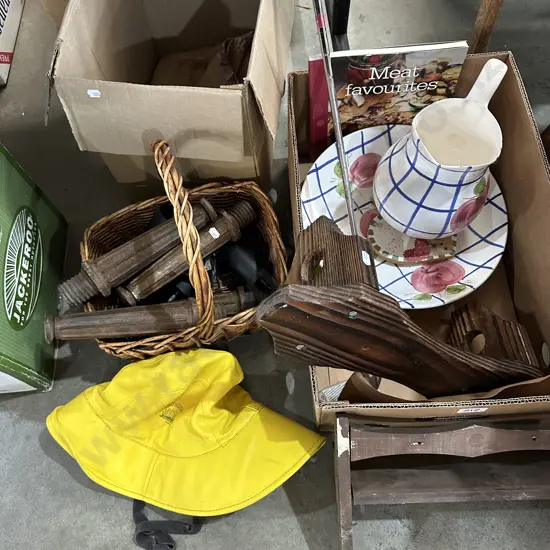Bedlegs, water jug & platter, raincoat hat etc