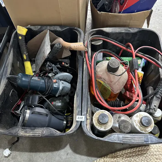 2 bins jump leads, grinder, ear muffs, tools etc